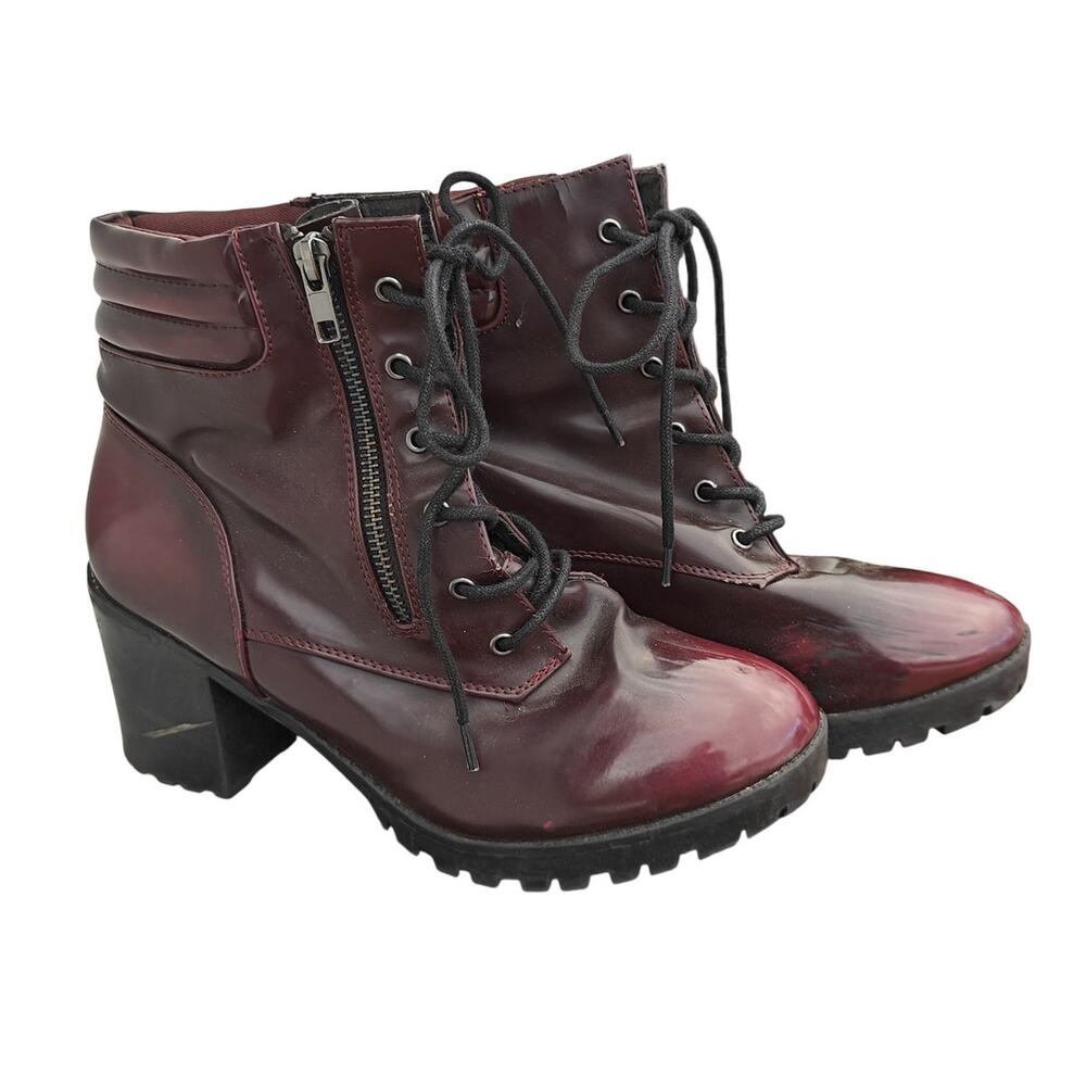 Steve Madden Burgundy Combat Boots Lace Up Chunky Heel Lug Sole Ankle